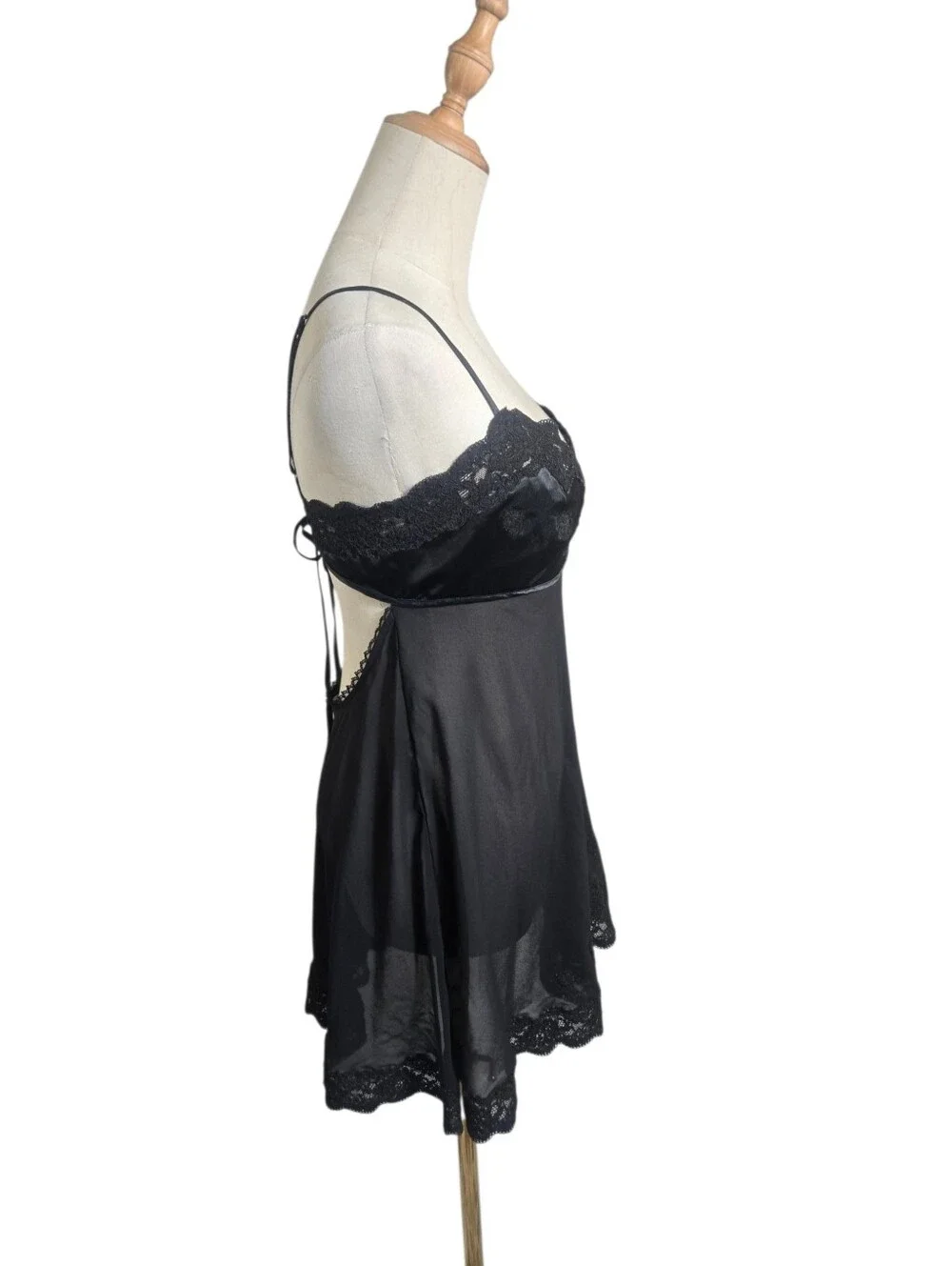 Victoria's Secret Black Lace-Trim Satin Sheer Nightie